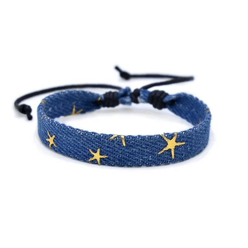 Vintage Star Pattern Blue Literary Denim Fabric Bracelet For Women Men Gothic Ethnic Handwoven Wrist Strap Fashion Jewelry Gift
