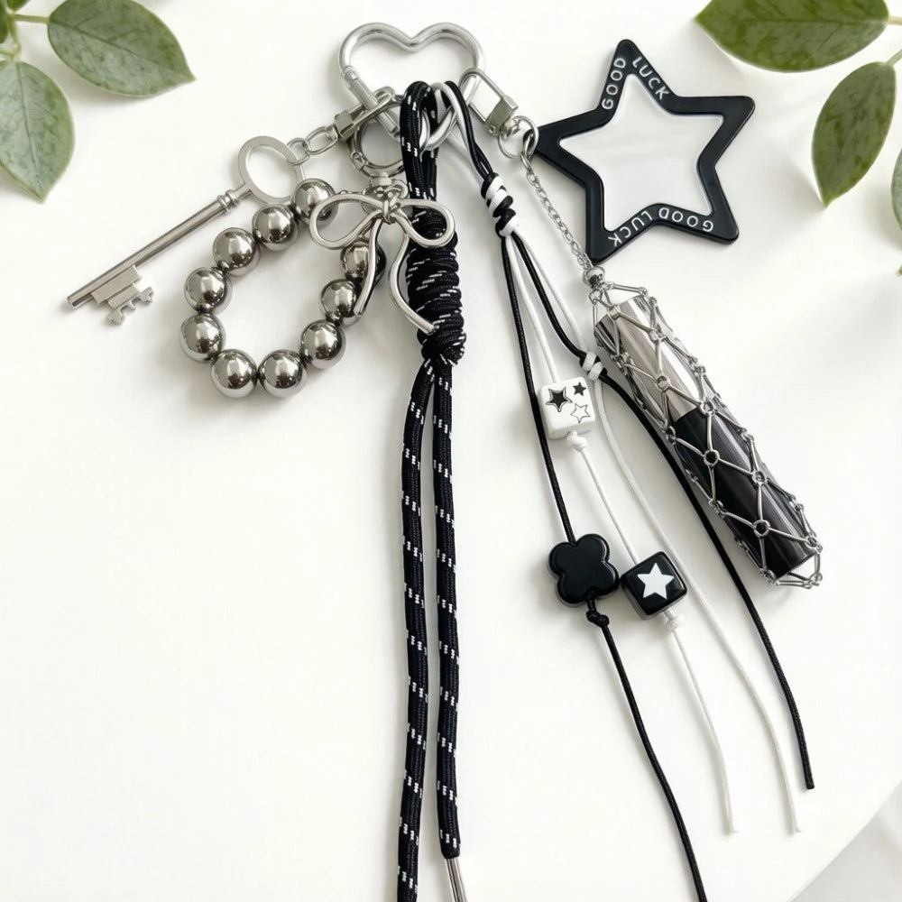 Y2K Good Luck Mirror Keychain Silver Metal Lipstick Holder Star