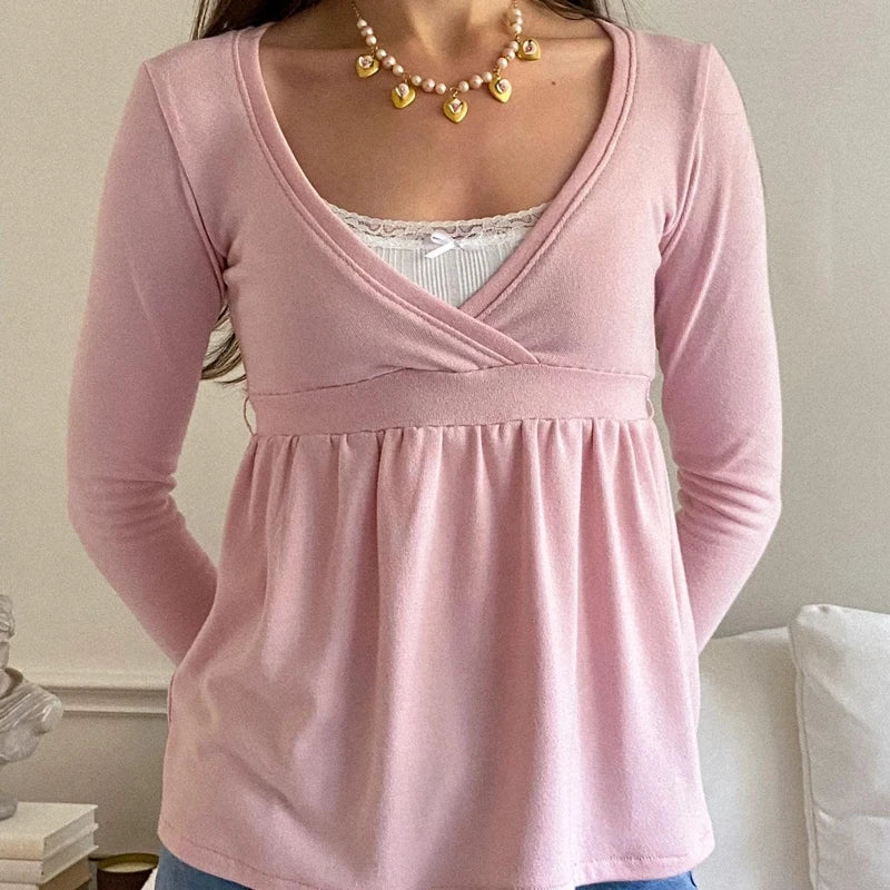 Women Autumn Vintage Y2K Crop Tops Cottage Bandage Babydoll