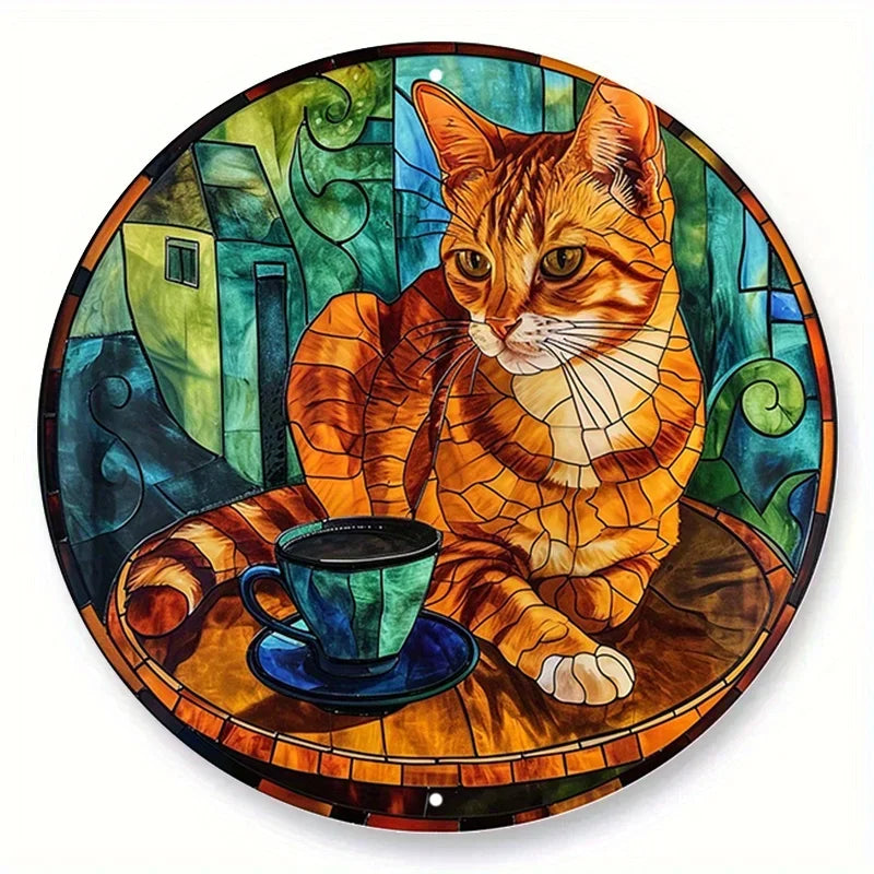 Cute Black Cat Gift Theme Round Metal Aluminum Sign Art Desktop Decorative Plates for Bar Cafe Club Yard Home Office Wall Decor