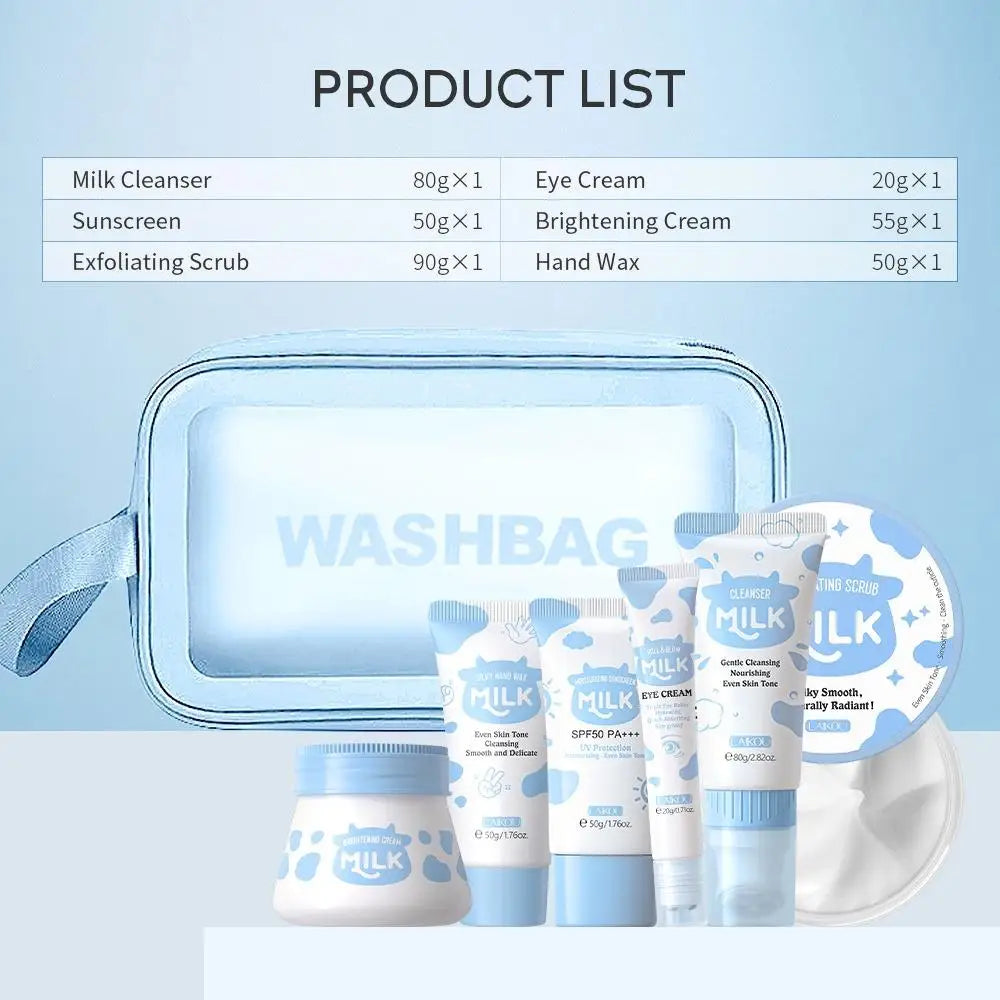 7 Pack Milk Skin Care Kit: Moisturizing Body Cleansing Milk, Body Scrub, Hand Products, Eye Cream and Storage Bag