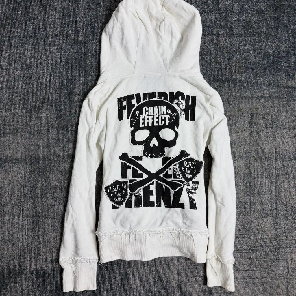 White Womens Autumn Winter Jacket Y2K Gothic Emo Slim Fit Sweatshirt Rivet Zipper Hoodie Harajuku Vintage Skull Graphic Print