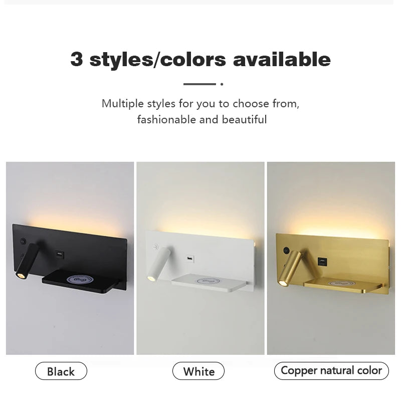 Multi Functional Wall lamp with Mobile phone Wireless charger switch USB interface Bedroom Night light LED Reading wall light