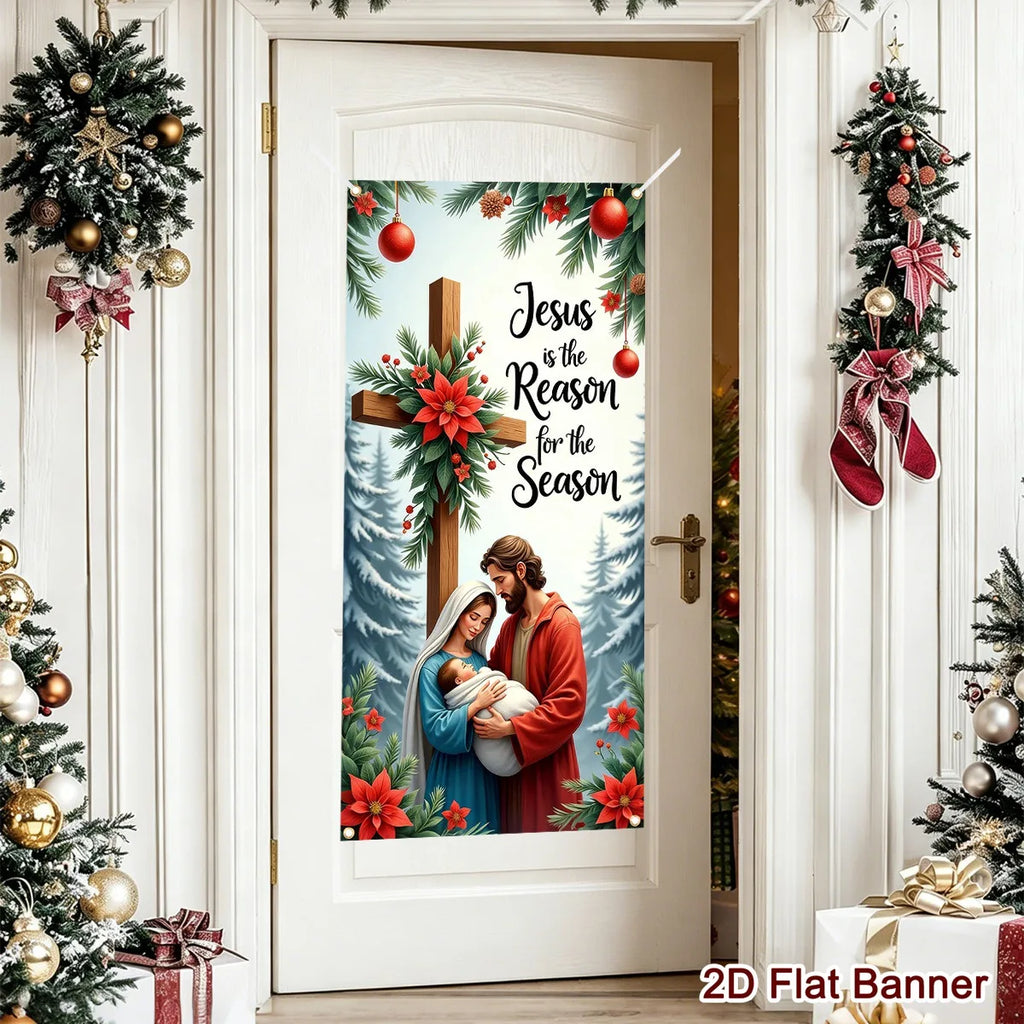 Christmas Door Banner-Nativity Cross Design 60*120cm Polyester Door Cover Entrance Decoration Holiday Decor Christmas Ornament