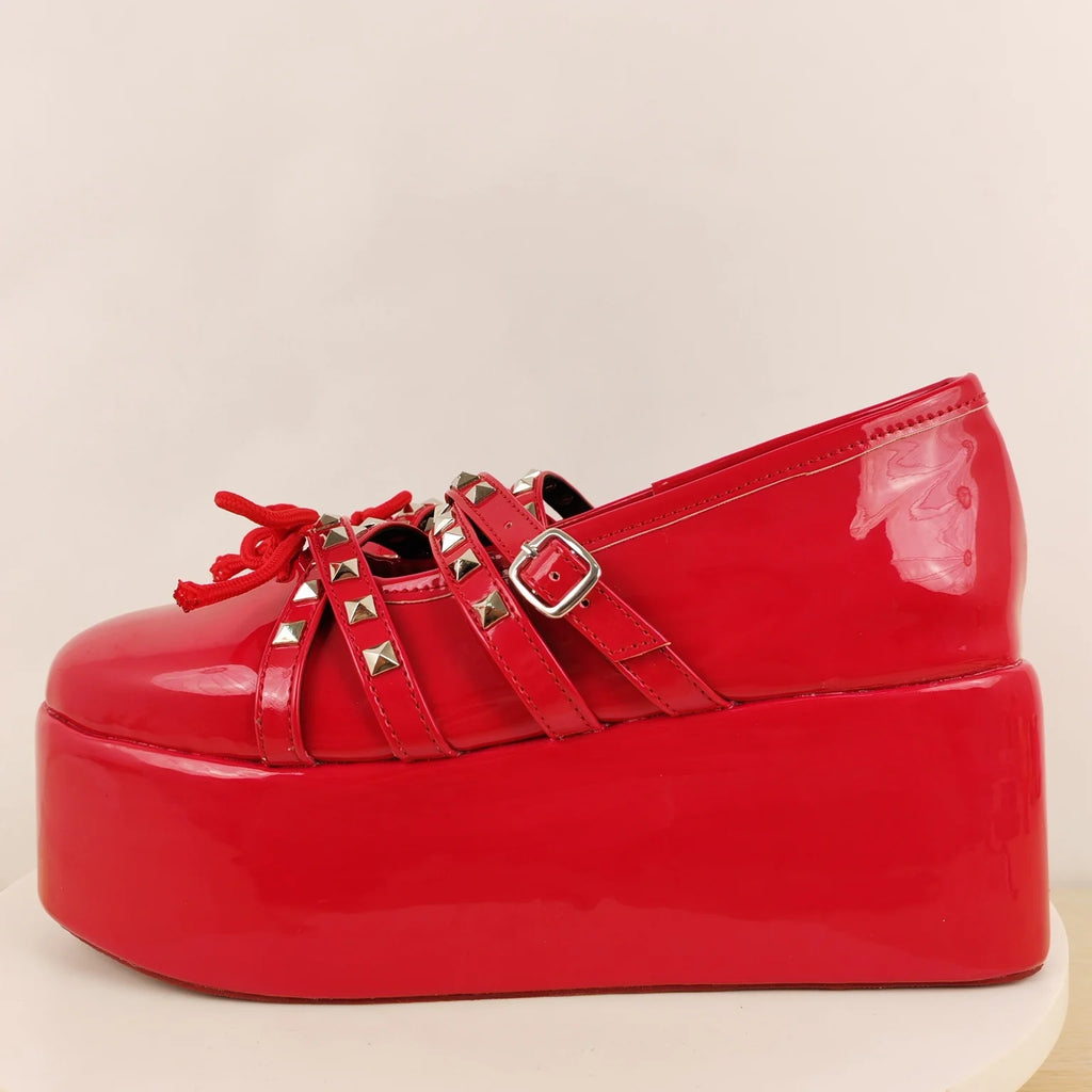 Bright Red Patent Studded Platform Mary Janes Multi Cutout Straps