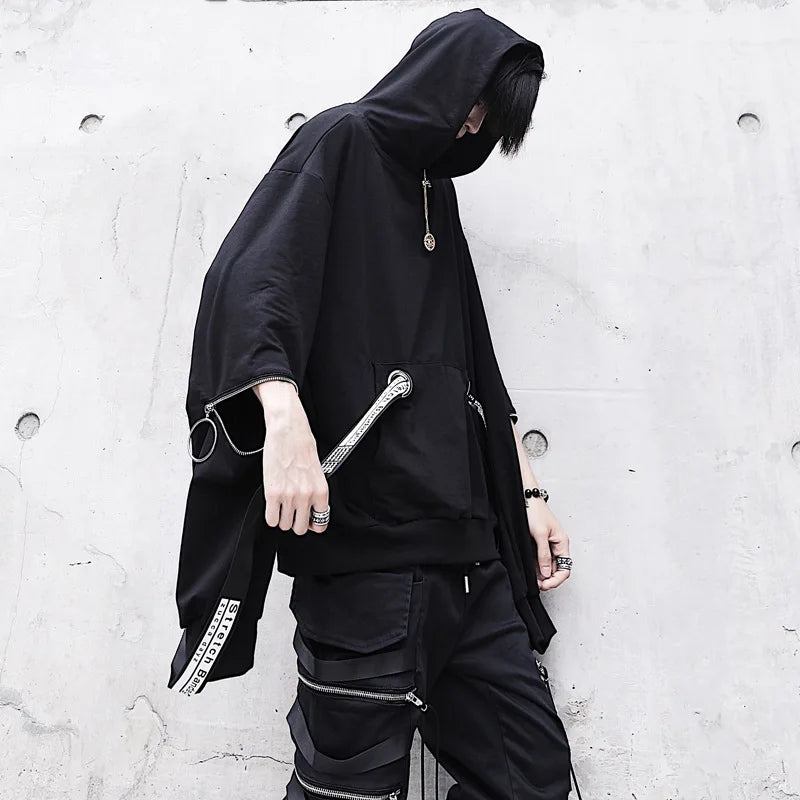 HKSH Spring Autumn New Outfit China-Chic Dark Ribbon Zipper Men Tide Dark Hooded Sweatshirt Original Punk Ins Cargo Pants HK0531