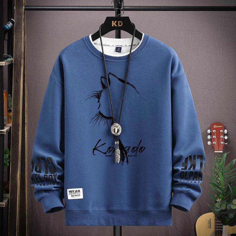 Autumn Men's Sweatshirt Sketch Cat Print Long Sleeve T-shirt Fashion Men's Clothing Black O Neck Harajuku Exclusive Design Top