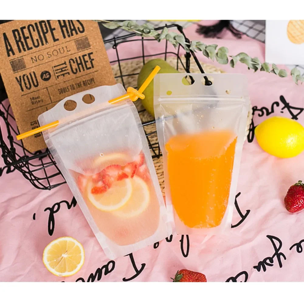 50Pcs Clear Plastic Drinking Packaging Bag Food Fresh Keeping Transparent Beverage Juice Milk Coffee Pouch Zip Bag Without Straw