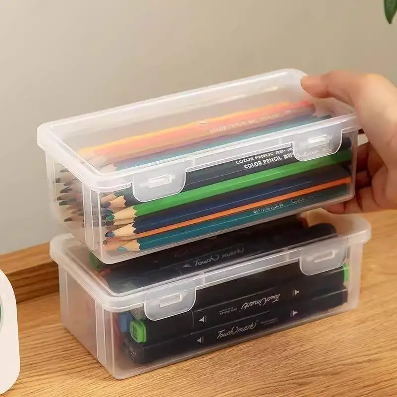Black Desk Organizer Transparent Plastic Storage Box With Lid For Pens Pencils Markers School Supplies & Office Organization