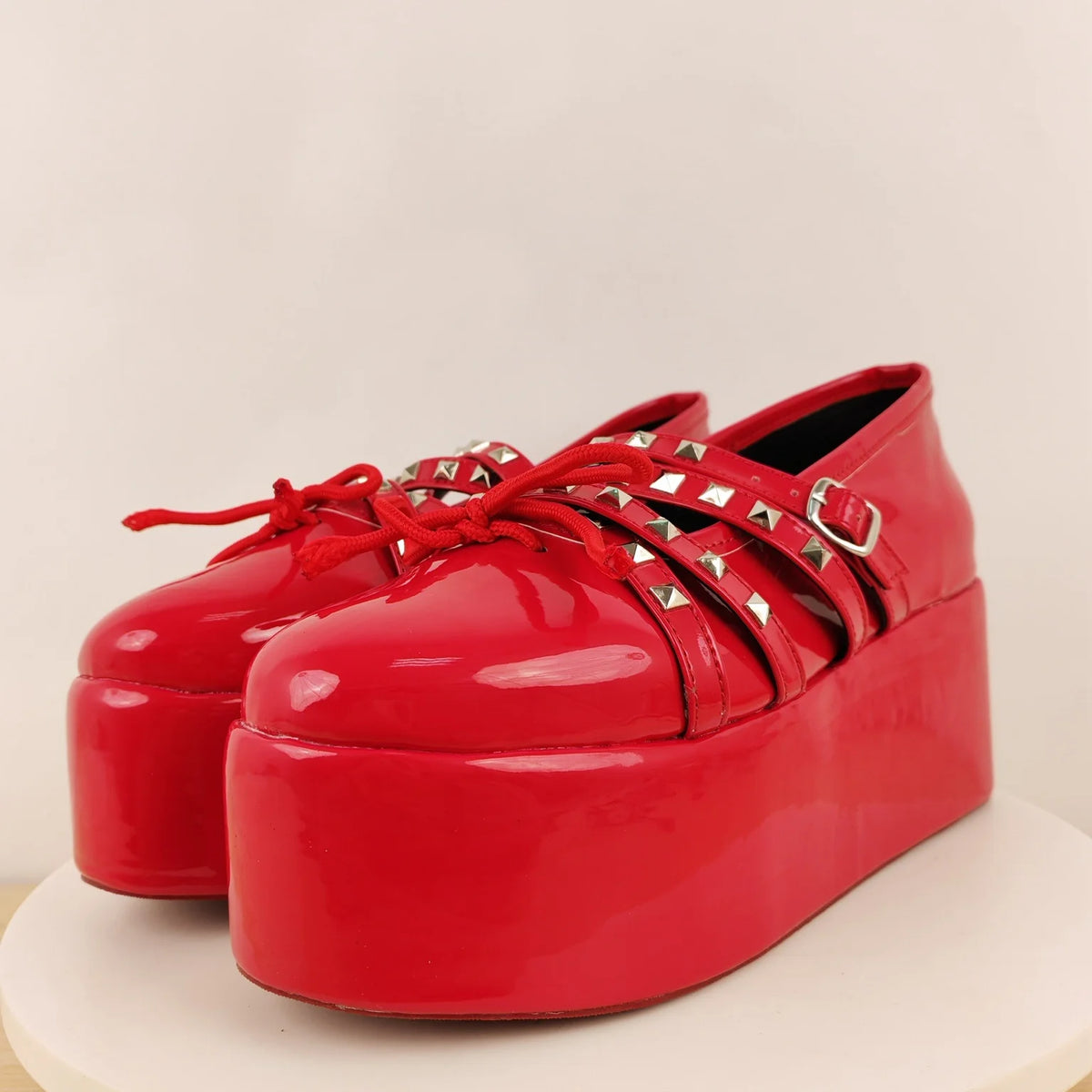 Bright Red Patent Studded Platform Mary Janes Multi Cutout Straps