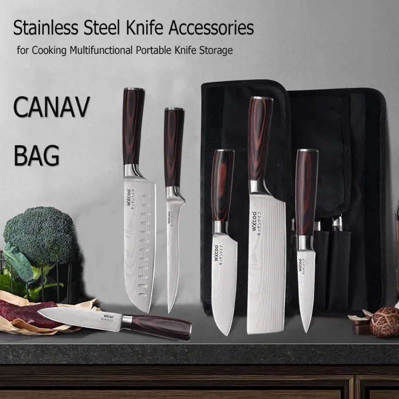 WXCOO Japanese Knife Set with Knife Bag Kitchen Knives Damascus Laser Fish Fillet Meat Cleaver Fruit Peeler Santoku Cutter