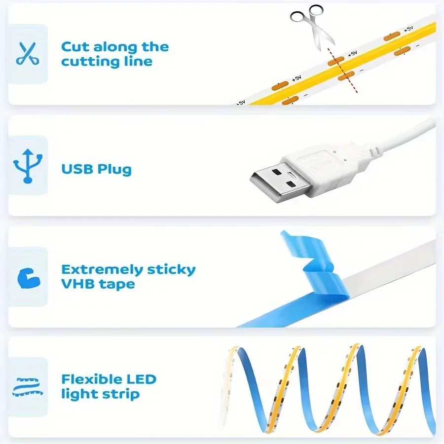 1M-5M USB LED Strip Light 5V 320LEDs/M COB Touch