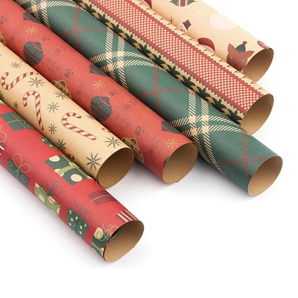 6Pcs Kraft Packaging Paper Retro Christmas Single-sided Wrapping Paper DIY Craft Paper Set for Party Birthday Halloween Gift