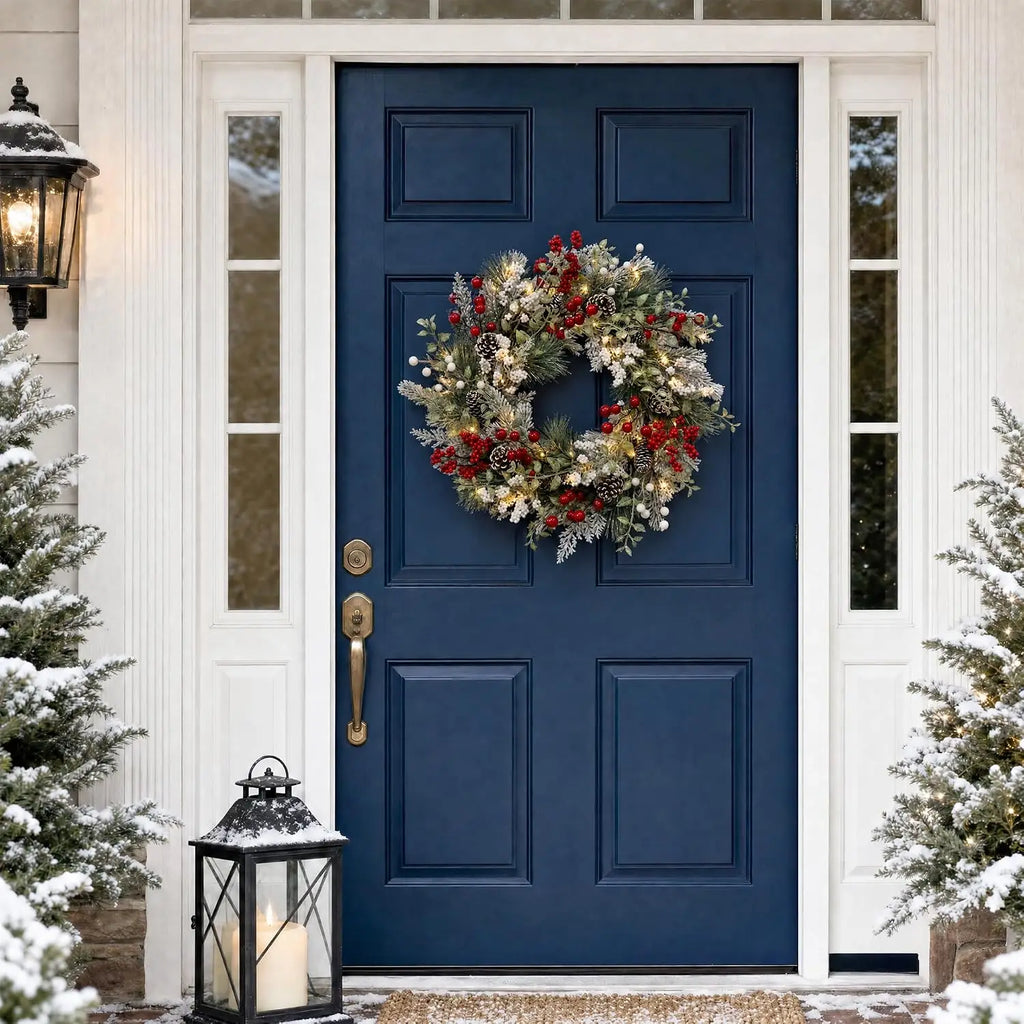 Garvee Elegant Snowy Pinecone Berry Christmas Wreath LED PVC