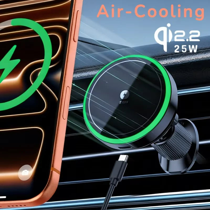 25W Air-Cooling Car Wireless Charger LED Light Phone Stand Magnetic Fast Charging Station For Magsafe iPhone 17~12 Pro Max