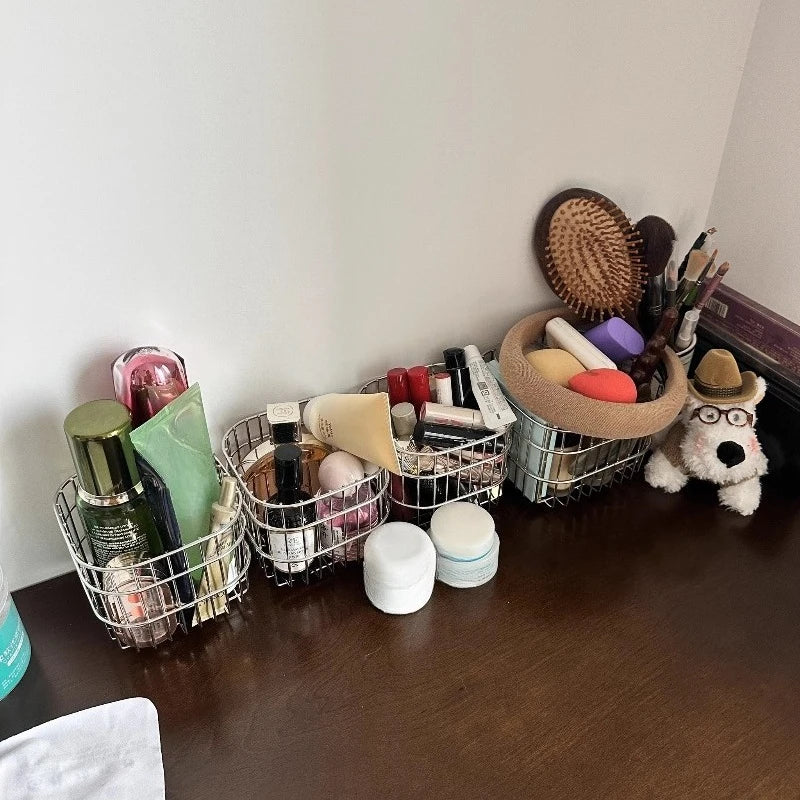 Metal Desktop Storage Basket Box Office Cosmetics Makeup Storage Box Desk Organizer Stationery Kitchen Items
