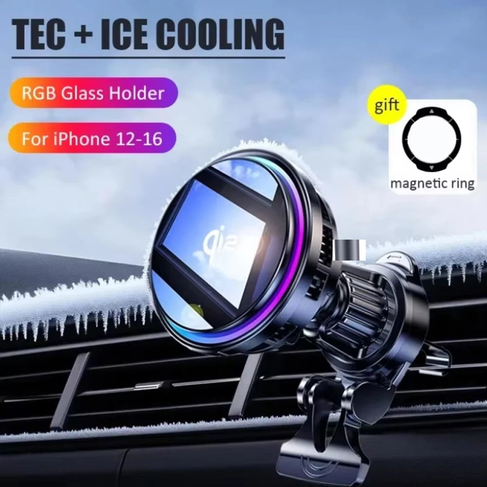 25W Air-Cooling Car Wireless Charger LED Light Phone Stand Magnetic Fast Charging Station For Magsafe iPhone 17~12 Pro Max