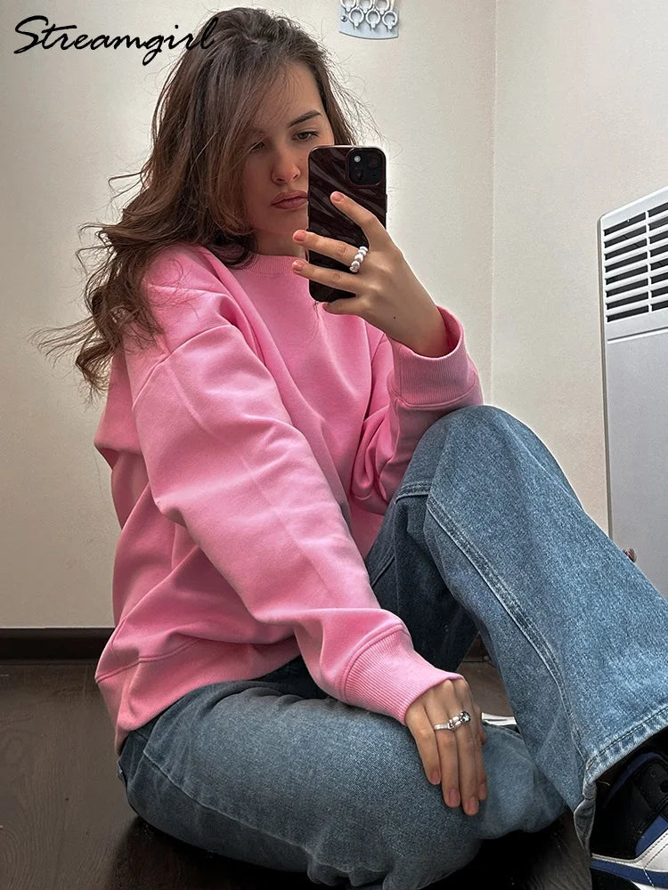 Streamgirl Cotton Basic Sweatshirt Women Oversized Yellow Pullovers Loose Casual Tops Spring Colorful Sweatshirts Women Pink