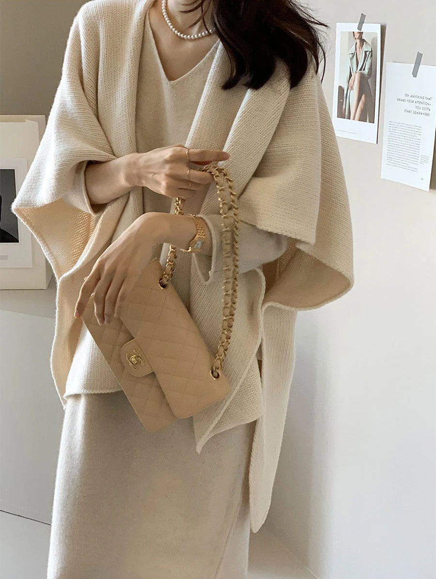 Fashion Elegant Knitted Shawl Jacket Korean Style Women's Casual Loose Warm Cloak Top Solid Color Knitted Cardigan Sweater Coats