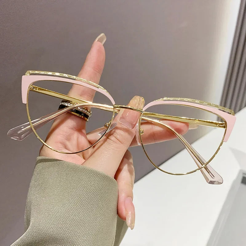 2024 Anti-blue Light Women Cat Eye Eyewear Luxury Metal Frame Oversized Optical Spectacle Eyeglasses Female Vintage Glasses