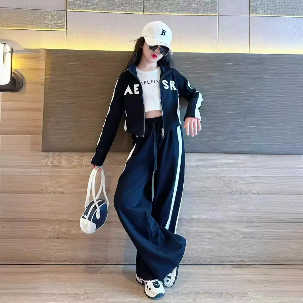 Girls Patchwork Alphabet 2-Way Zip Sweatshirt Jacket+Sweatpant Workout Set School Kids 2PCS Tracksuit Child Jogger Outfit 7-16Yr