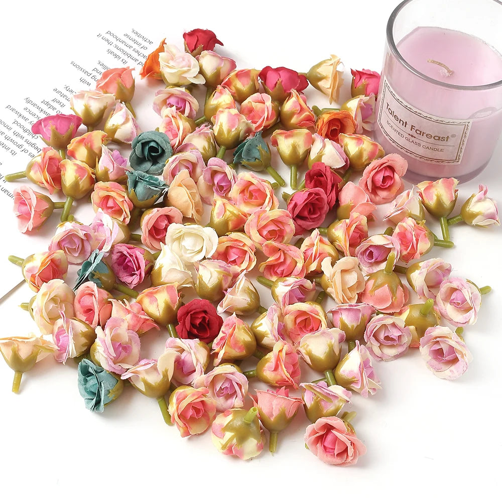 100Pcs Mini Silk Rose Artificial Flowers Head Fake Flowers For Home Decor Wedding Decoration DIY Bride Wreath Gifts Accessories