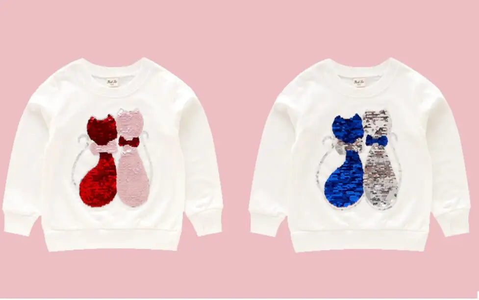 Cute Cat Baby Girls Hoody Sweatshirt Toddler Kids Cotton Sequins Cartoon Sweater Children Spring Autumn Clothes Tops