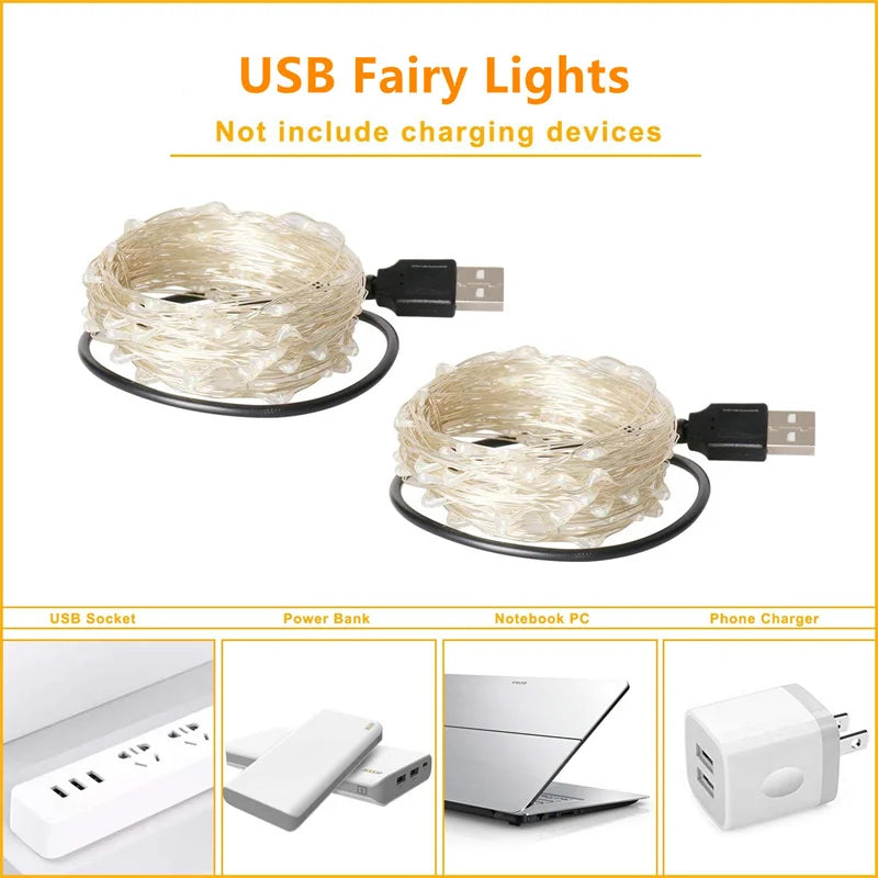 USB Led Fairy Lights Copper Wire String 1/2/3/5/10/20M 200LED