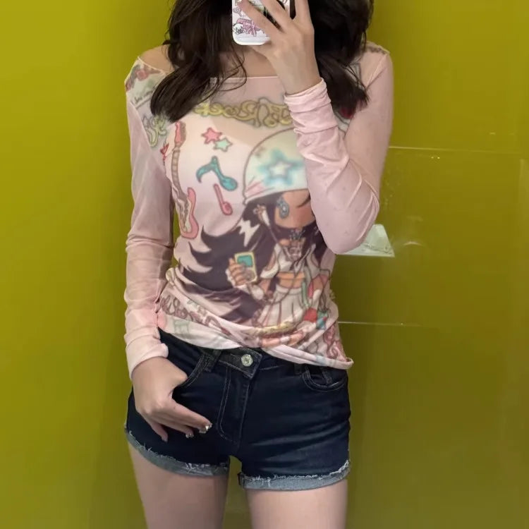 Summer Sun Protection Slash Neck Gauze Tshirts Women Y2k Aesthetic Cartoon Print Grunge Mesh Tops Harajuku Vintage Fairy Tees
