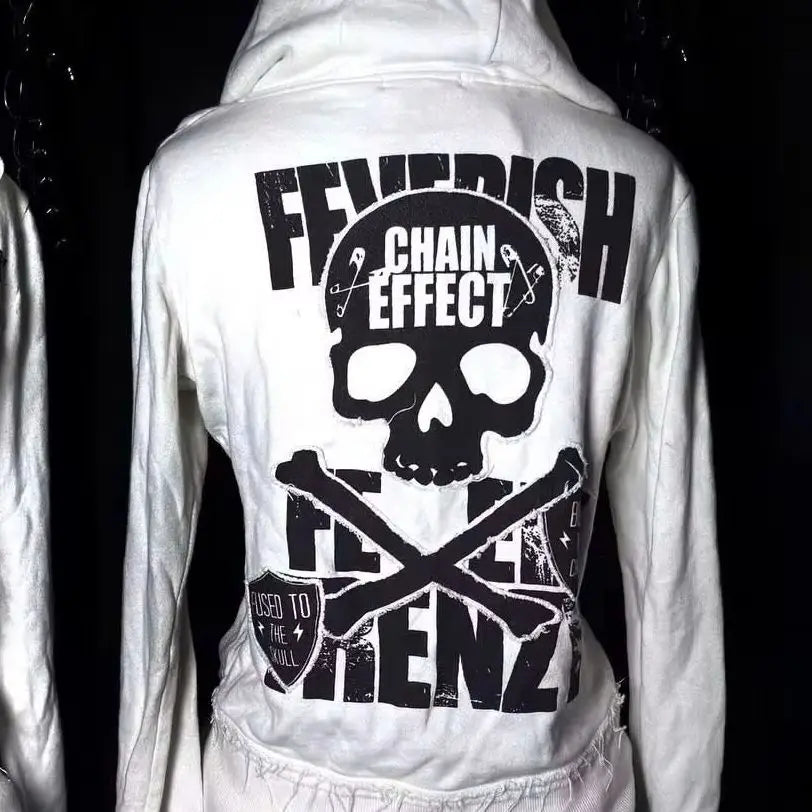 White Womens Autumn Winter Jacket Y2K Gothic Emo Slim Fit Sweatshirt Rivet Zipper Hoodie Harajuku Vintage Skull Graphic Print