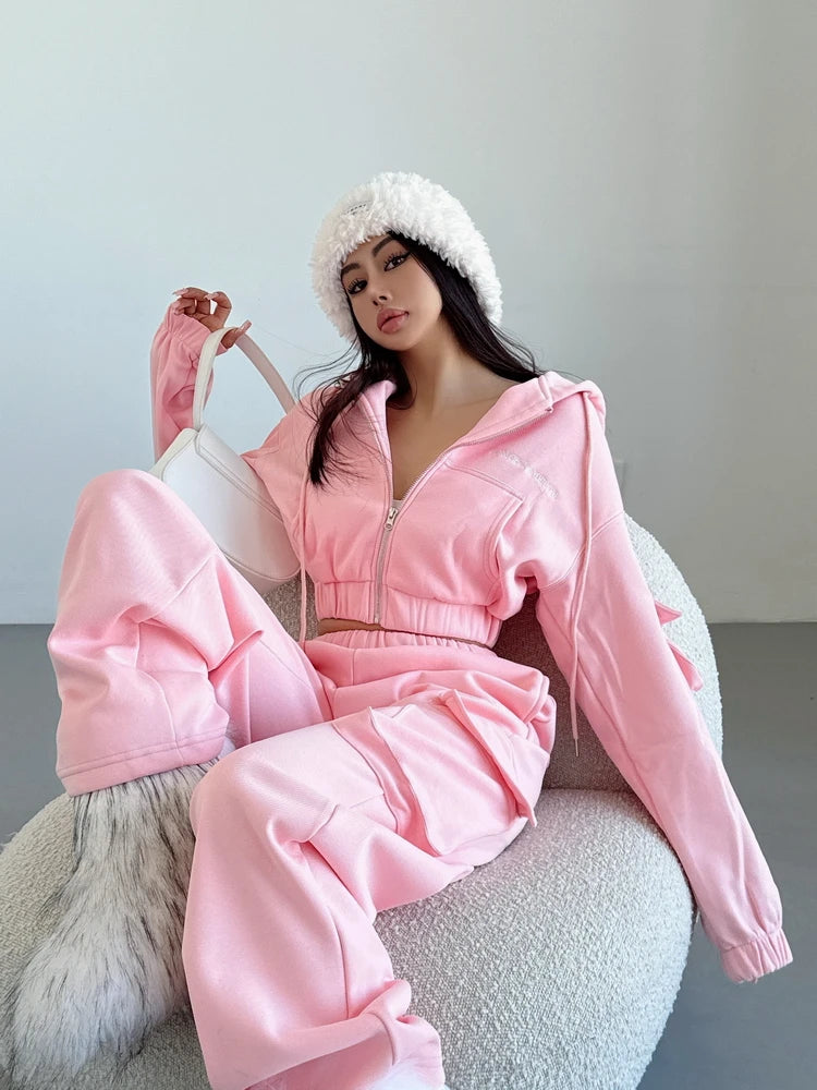 WOMENGAGA Short Zipper Sweatshirt Large Pocket Wide Leg Pants Two Piece Casual Plush Set For Winter Women Fashion Sweet 2PTB
