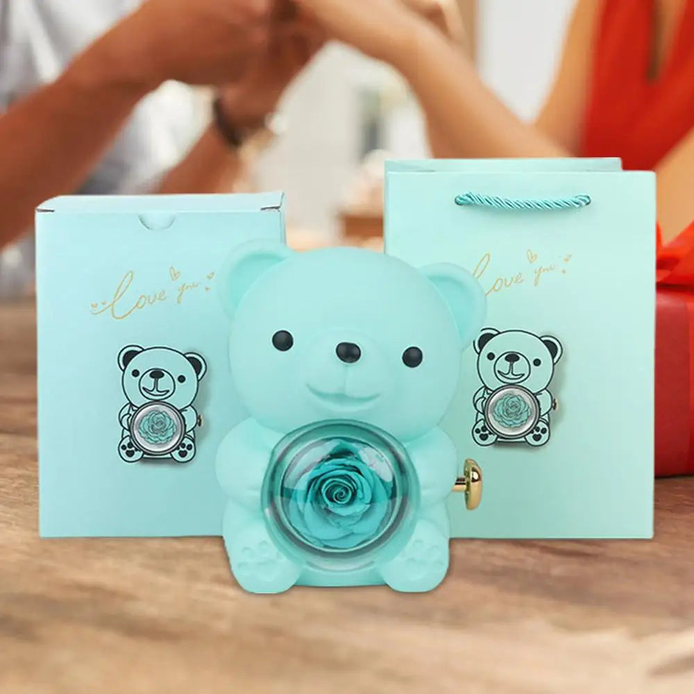 Bear Necklace Case Romantic Bear and Rose Jewelry Box Hug Bear Decoration Necklace Box Rose and Rotating Bear Case with Double
