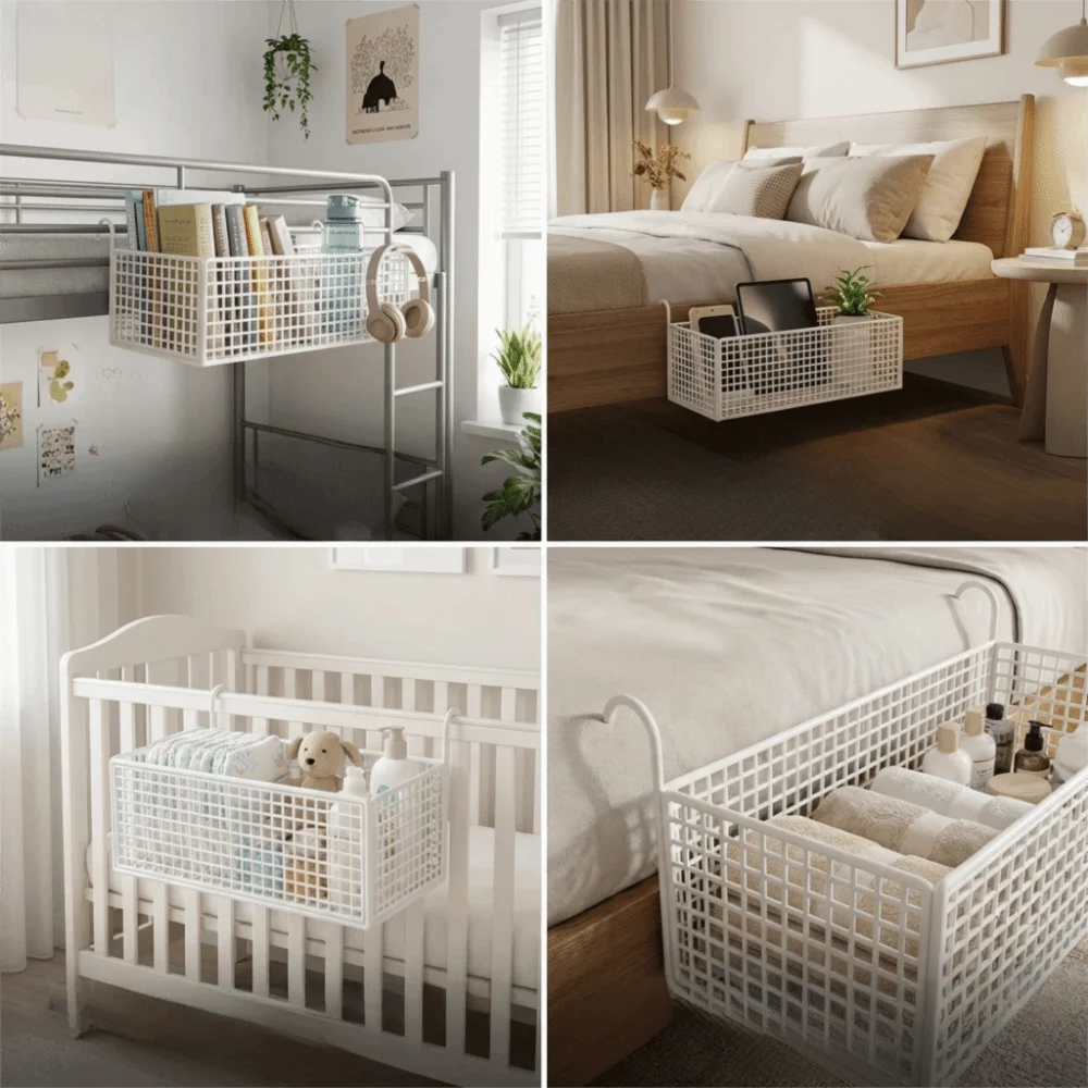Home Storage Hollow Hanging Storage Rack Iron Holder Bedside Hanging Basket No Drill Large Capacity Space-Saving Shelf Bathroom