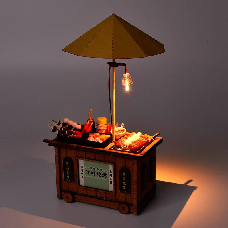 16 DIYJapanese Chinese style handmade wooden doll house Oden cooking car stall creative birthday gift collector decoration