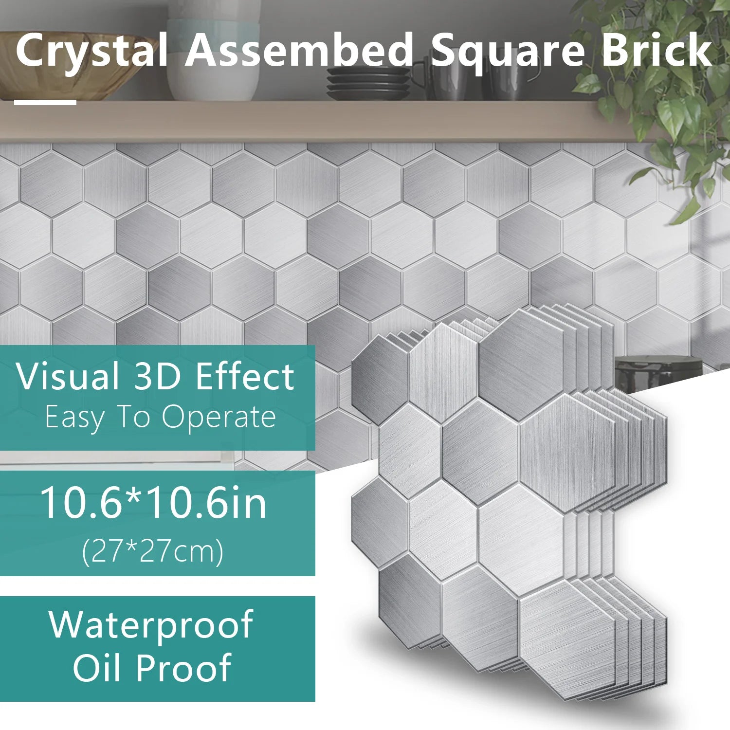 5 Styles Flat Hexagon Marble Embossing Tile Wall Stickers Oil-Proof Kitchen & Bathroom Washbasin Glossy Surface Decorative Mural