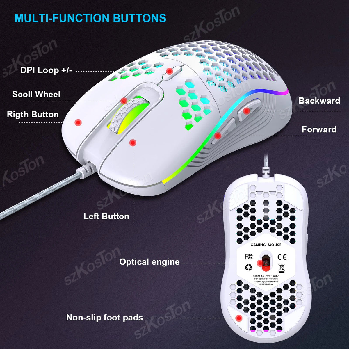 Honeycomb Wired RGB Gaming Mouse, 7200 DPI
