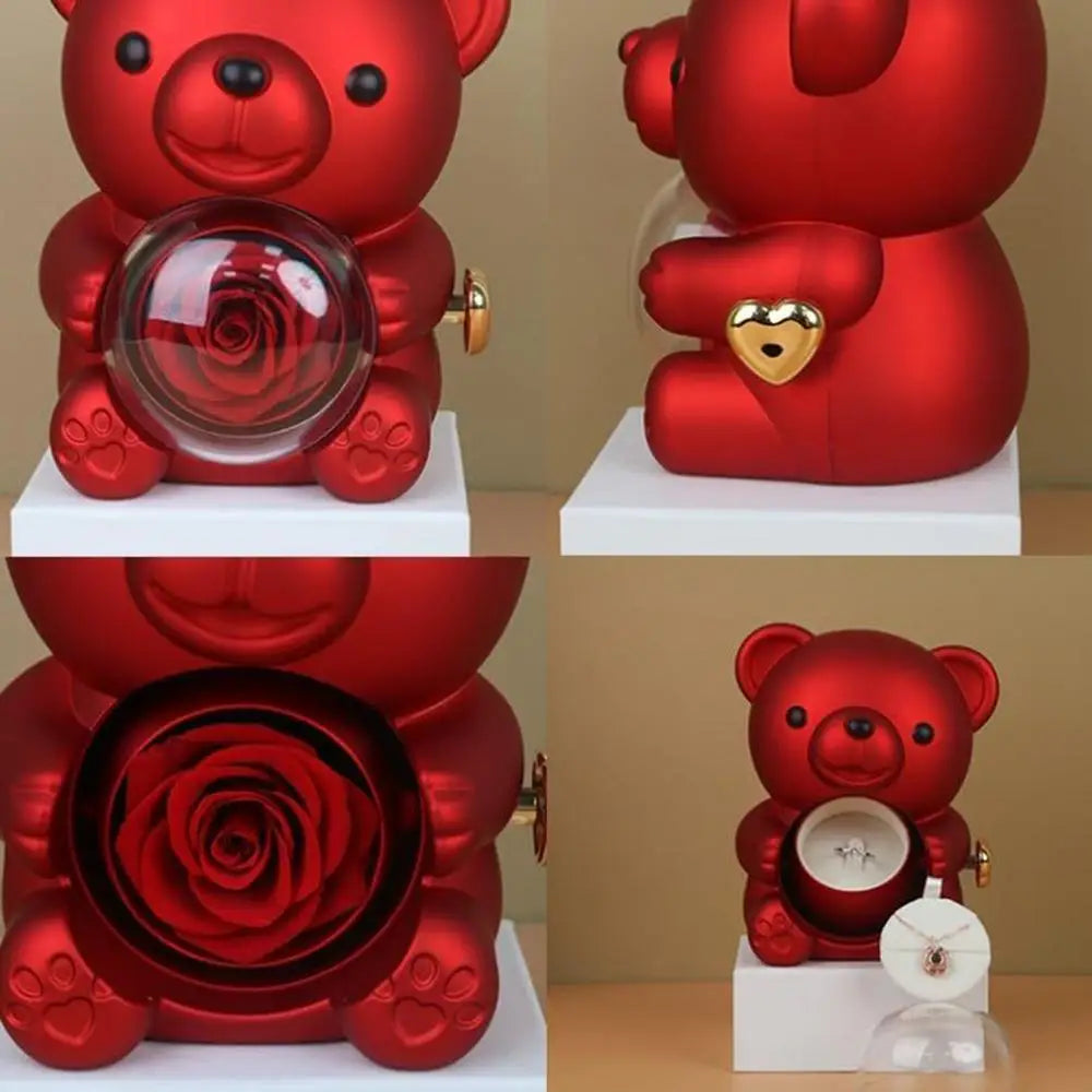 Bear Necklace Case Romantic Bear and Rose Jewelry Box Hug Bear Decoration Necklace Box Rose and Rotating Bear Case with Double