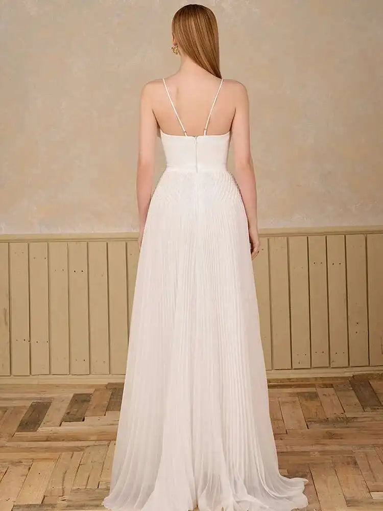 DEAT Elegant Dress Hollow Out Backless Camisole Pleated Flower