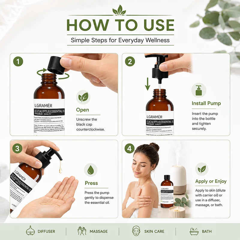 Natural Eucalyptus Essential Oil,Diffuser Friendly for Air Purify,Massage & Aromatherapy for Shower,Diffuser, Massage, with Pump