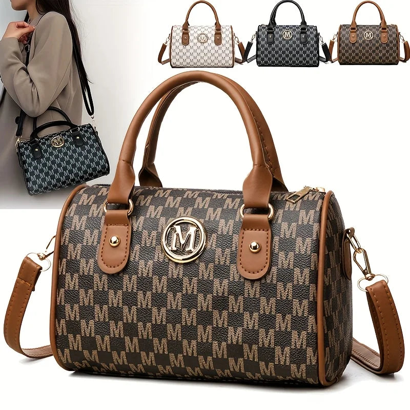 Women Alphabet Shoulder Bag with Golden M Logo Leather