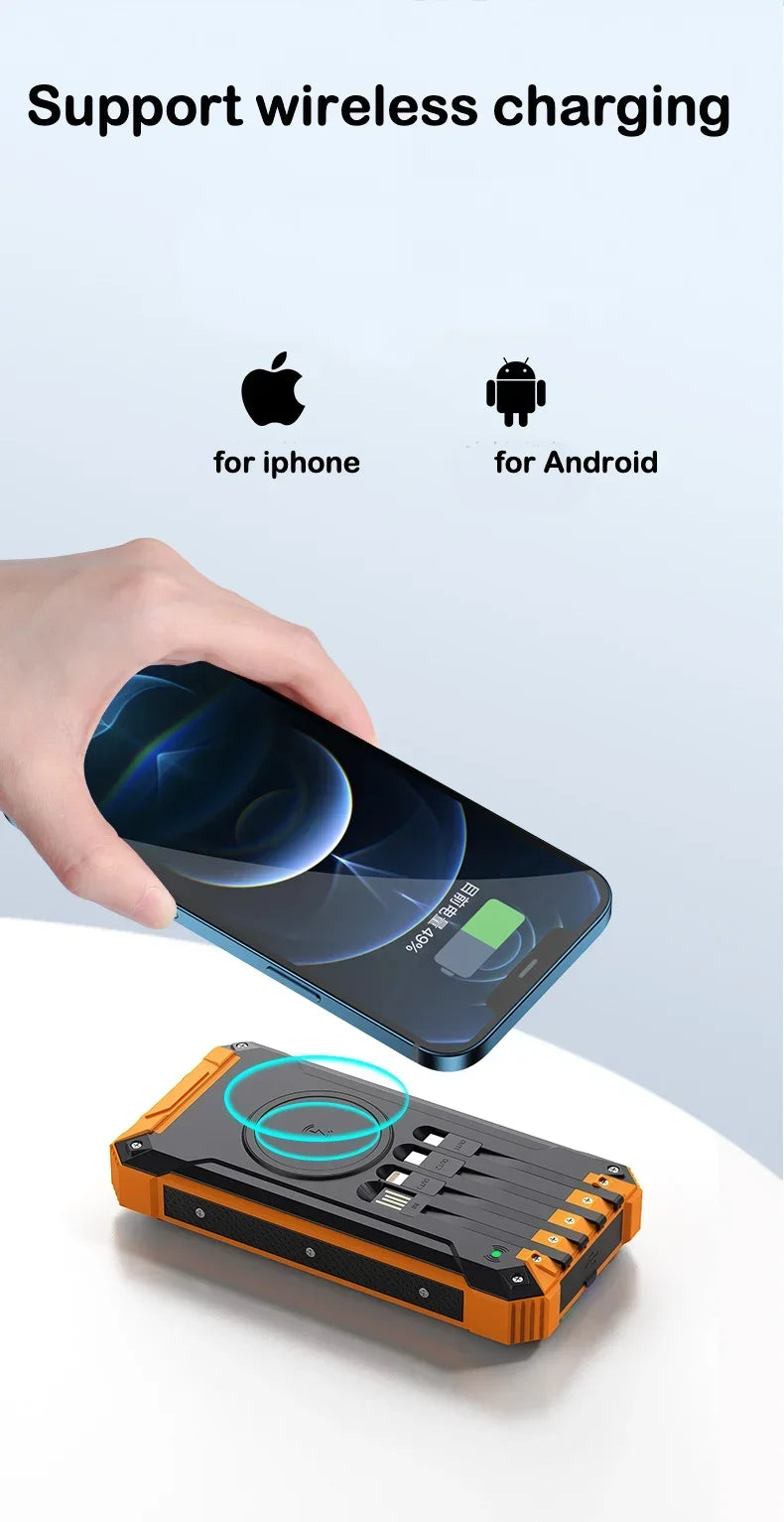 New Solar Power Bank 20000mAh Mobile Power Fast Charging Battery multifunctional With 4 Cables Wireless Charger LED Flashlight