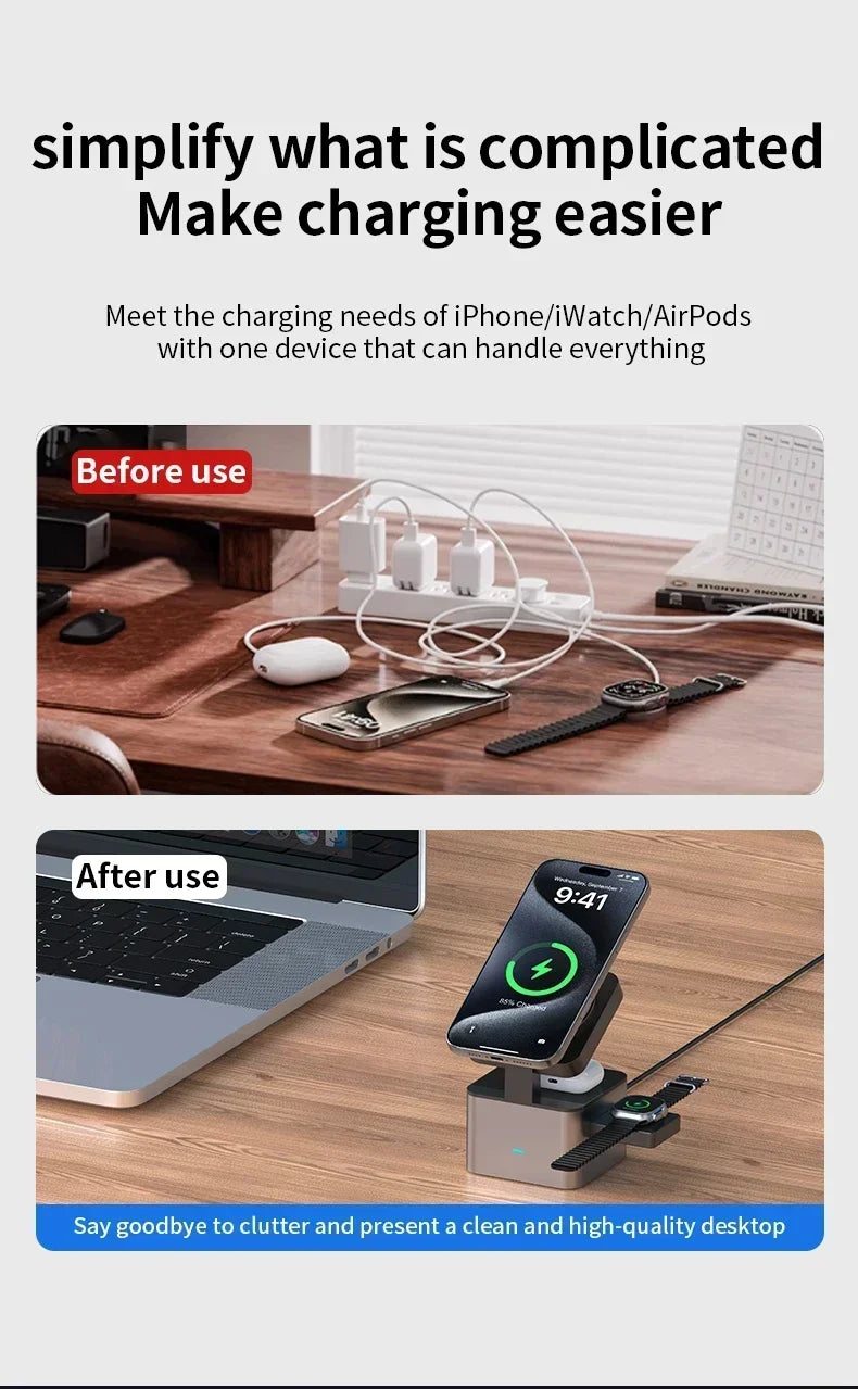 ice-Cooling For Magsafe Wireless Charger Station Stand For iPone 16~12 Pro Max/iWatch 10~2 SE/AirPods 4 Pro 3 in 1 Fast Charging