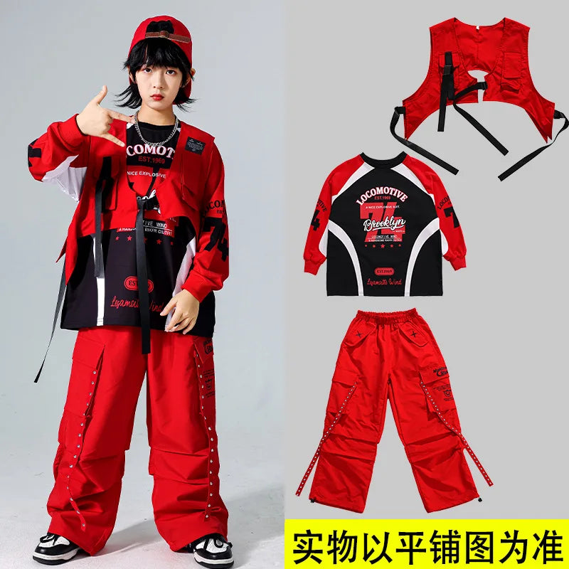 Boys Hip Hop Cool Sweatshirt Vest Cargo Pants Girls Fashion Jazz Street Dance Costume Children Clothes Set Kids K-pop Streetwear