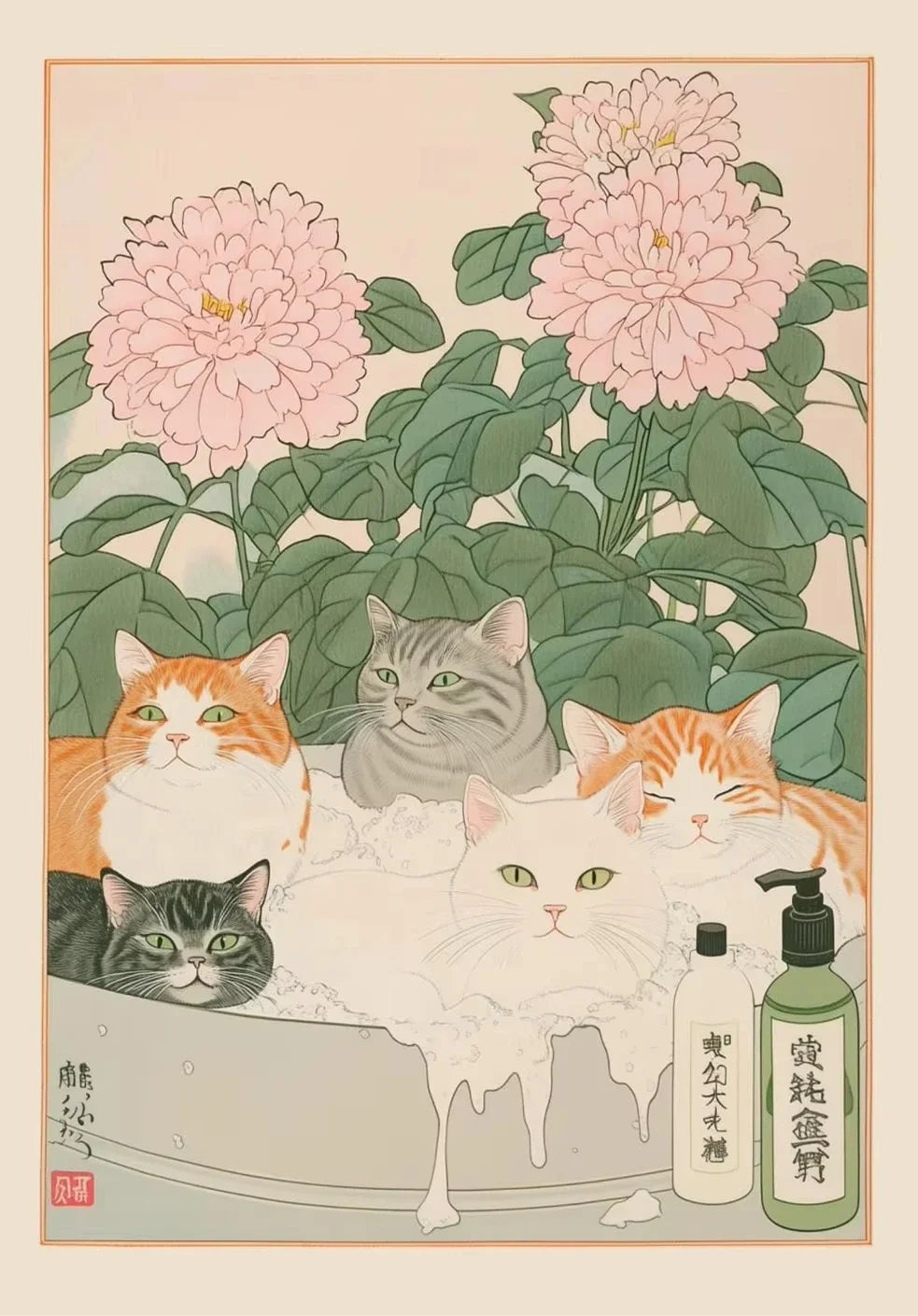 Cat in the Bathtub Japanese Vintage Classic Tiger Cat Wall Art Japanese Bathroom Toilet Poster Home Living Room Bedroom Decor