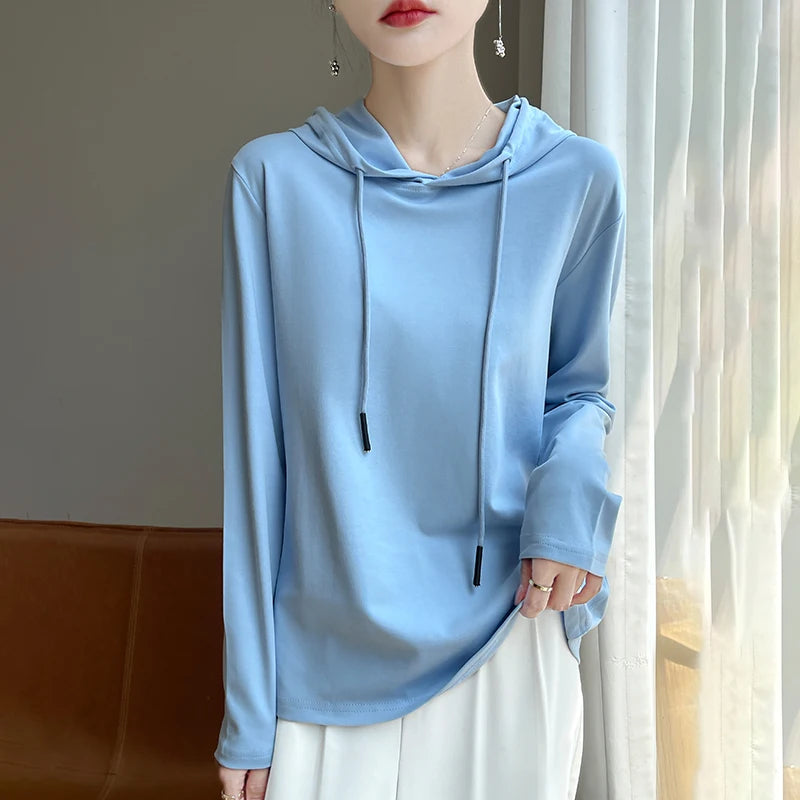 Spring Summer 100% Mercerized Cotton Hoodie Women Loose Straight Tops Simple Casual sweatshirt For Minimalist 2025