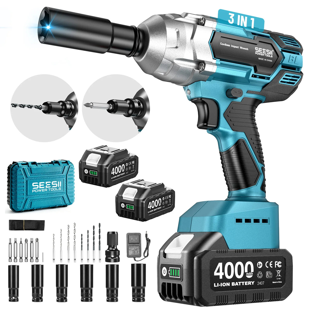 SEESII 3-in-1 Cordless Impact Wrench &amp; Electric Drill &amp;