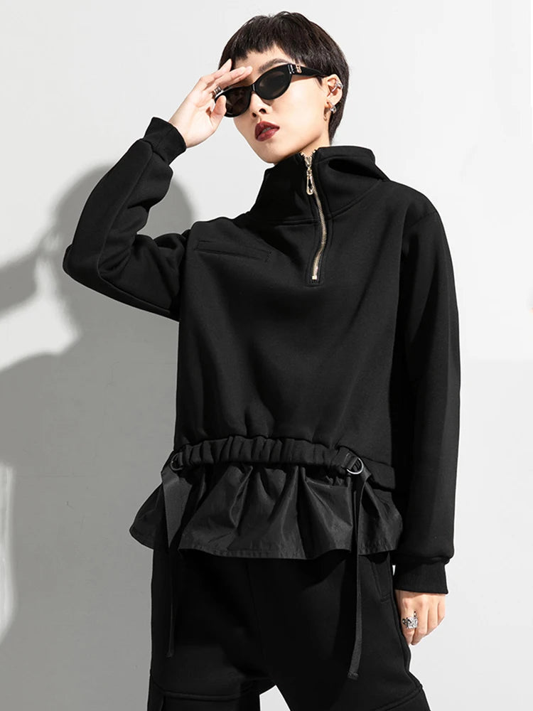 [EAM] Loose Fit Ruffles Spliced Sweatshirt New Hoooded Long Sleeve Women Big Size Fashion Tide Spring Autumn 2026 1DD2569