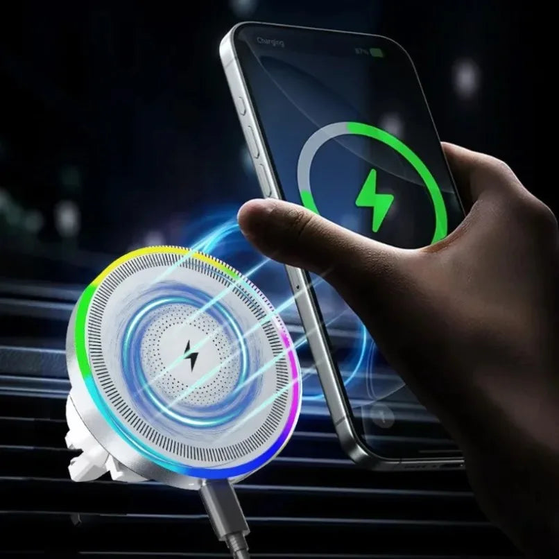 Car Magnetic Wireless Charger Air Vent Bracket Clip Phone Holder Stand RGB Light For iPhone 16 15 14 13 12 Pro Max Fast Charging