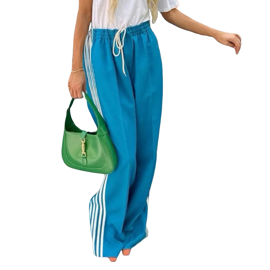Women Spring Auutmn Striped Track Pants Elastic Waist Straight Leg Sweatpants Joggers Wide Leg Pants with Pockets Sweatpants