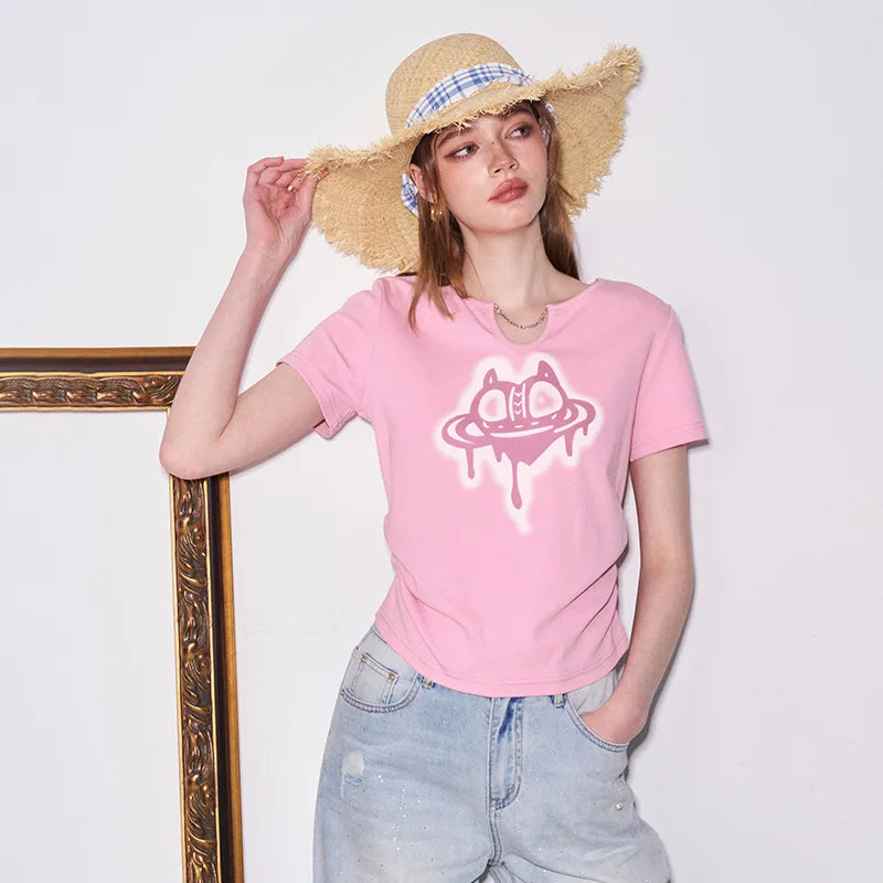ELFSACK Pink Drippy Heart Cat Print Crop T-Shirt Y2K